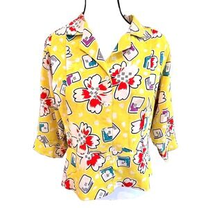 VTG Etape Shirt Womens Medium Yellow Button Front Pleated Cropped Short Sleeve